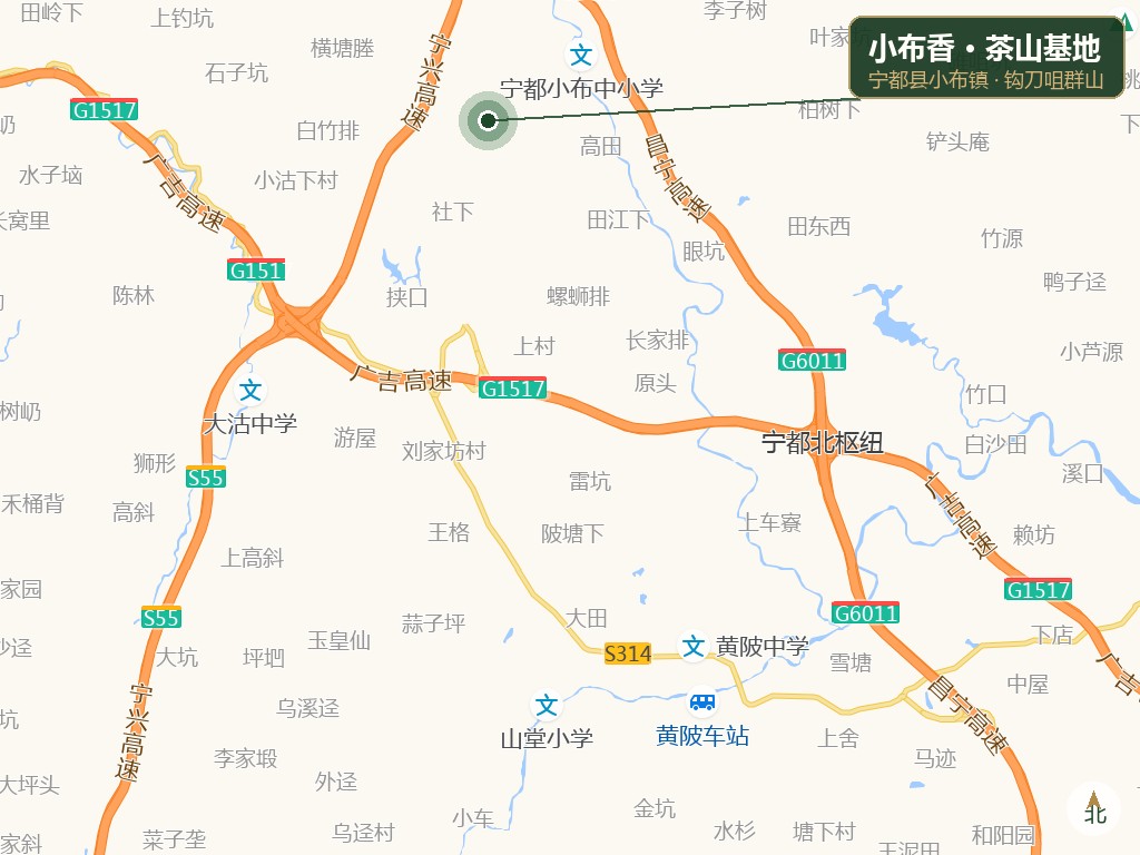 小布香茶山基地位置示意图：宁都县小布镇，邻近广吉高速与昌宁高速